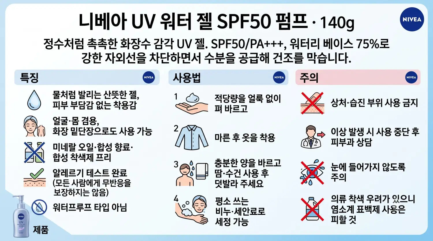 니베아 선크림 워터젤 SPF50 본품/리필